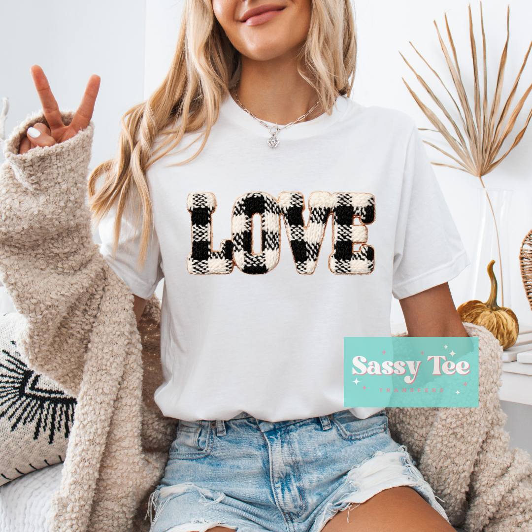 LOVE BLACK WHITE PLAID FAUX YARN **Preorder/Restock Ships in 5-10 biz days**