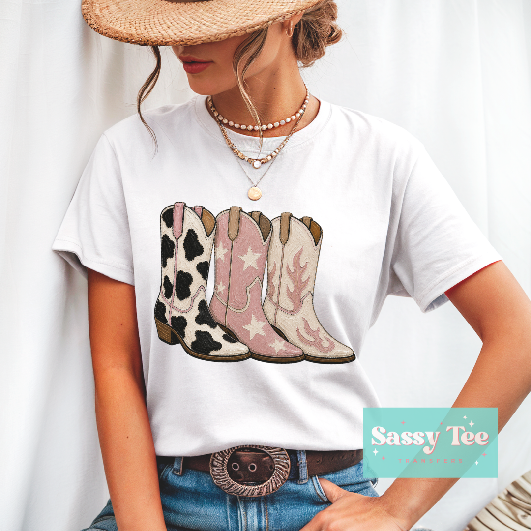 COWGIRL BOOTS PINK COW TRIO **Preorder/Restock Ships in 5-10 biz days**