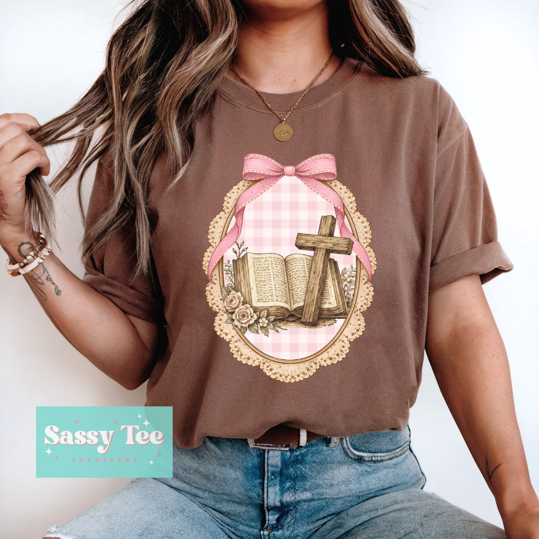 FAITH CROSS BIBLE ROSES PINK PLAID BOW FRAME **Preorder/Restock Ships in 5-10 biz days**