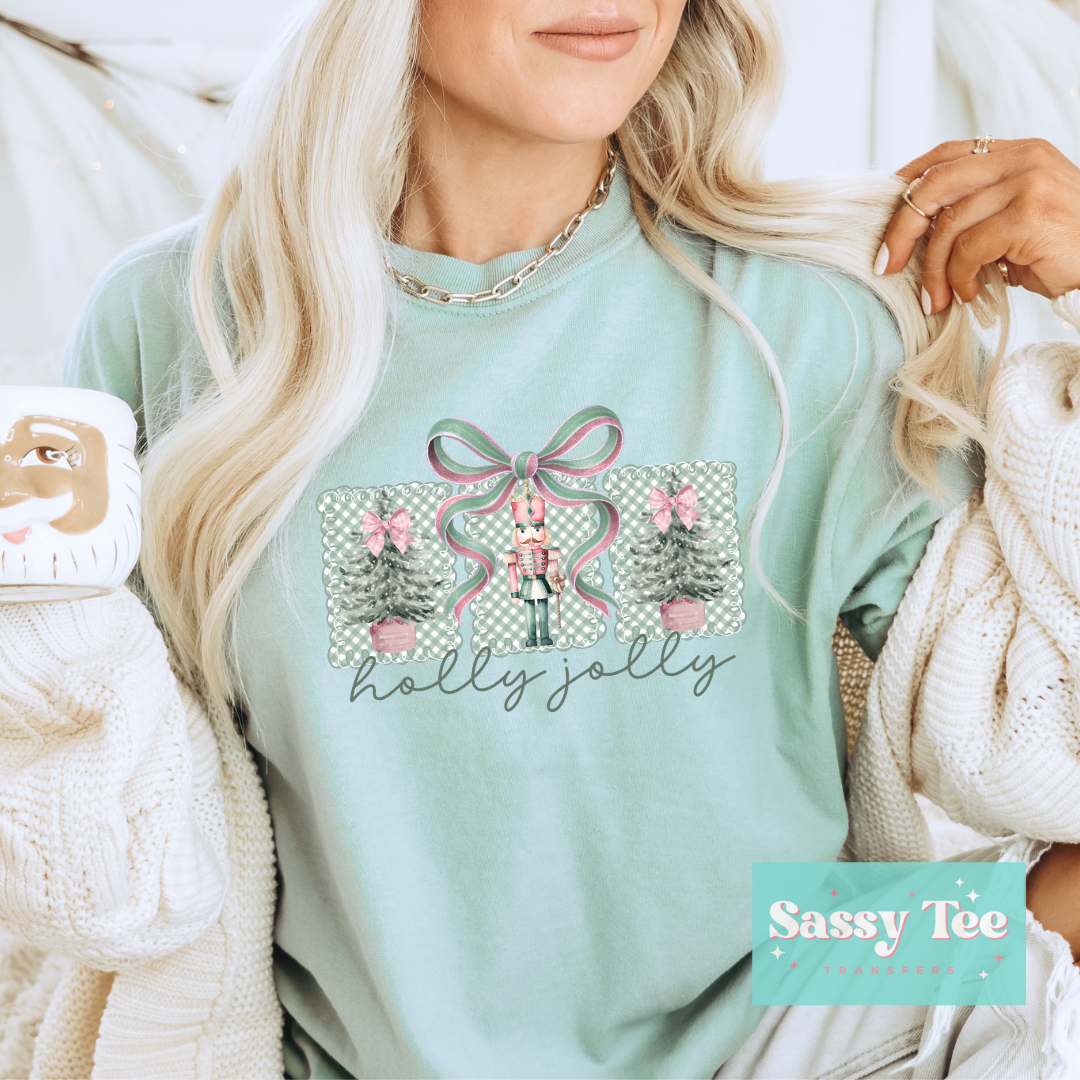 HOLLY JOLLY NUTCRACKER MINT PINK BOW **Preorder/Restock Ships in 5-10 biz days**