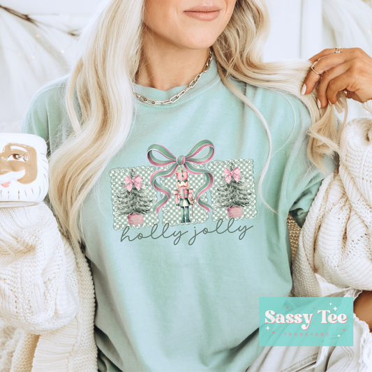 HOLLY JOLLY NUTCRACKER MINT PINK BOW **Preorder/Restock Ships in 5-10 biz days**