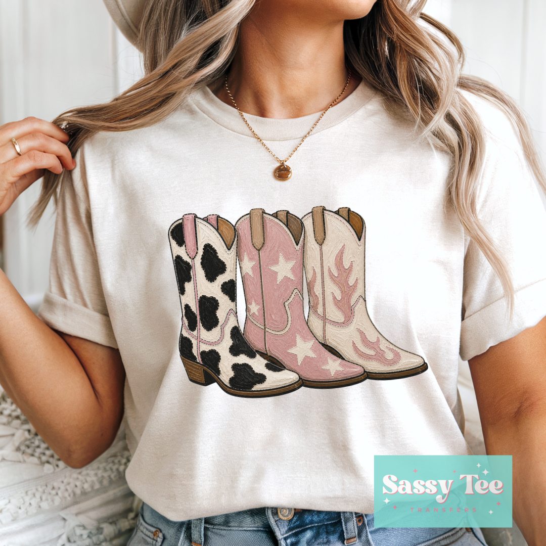 COWGIRL BOOTS PINK COW TRIO **Preorder/Restock Ships in 5-10 biz days**