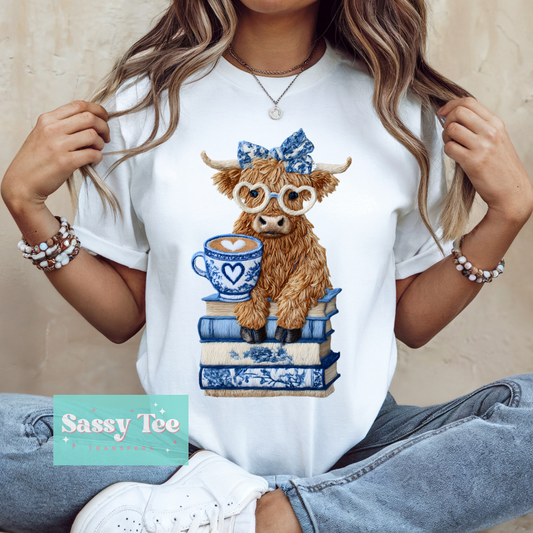 HIGHLAND COW BLUE TOILE COFFEE BOOKS FAUX YARN **Preorder/Restock Ships in 5-10 biz days**