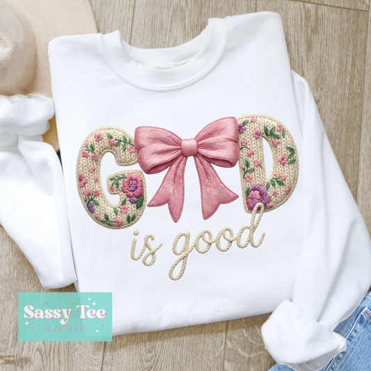 GOD IS GOOD FLORAL PINK BOW FAUX YARN **Preorder/Restock Ships in 5-10 biz days**