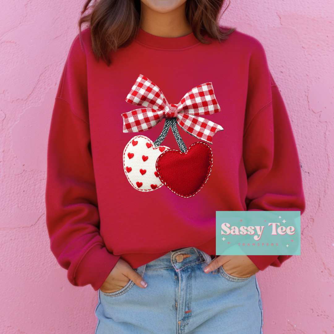 RED PLAID CHERRY HEART BOW FAUX PATCHWORK **Preorder/Restock Ships in 5-10 biz days**