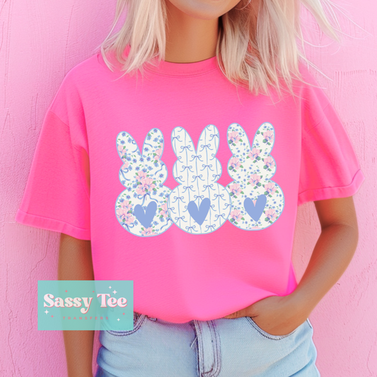 BUNNY TRIO BLUE PINK FLORAL BOW **Preorder/Restock Ships in 5-10 biz days**