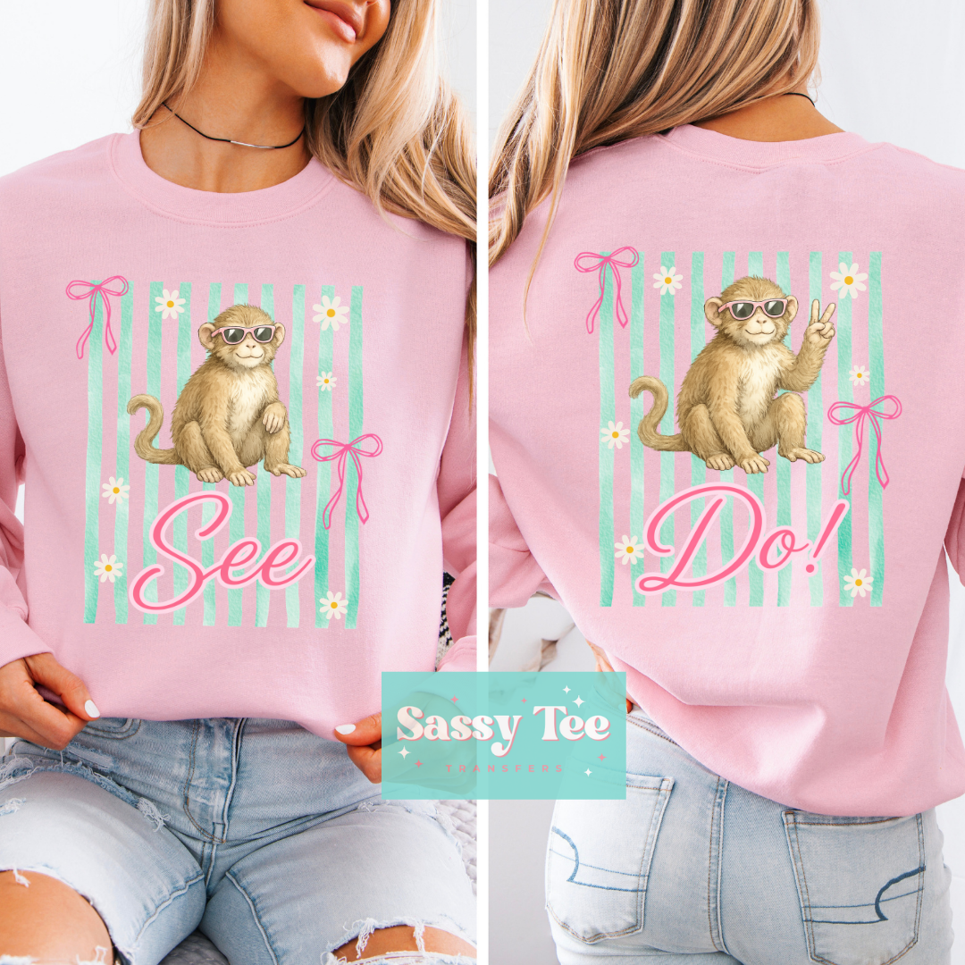 MONKEY SEE MONKEY DO PINK MINT DAISY BOWS Front & Back SET **Preorder/Restock Ships in 5-10 biz days**