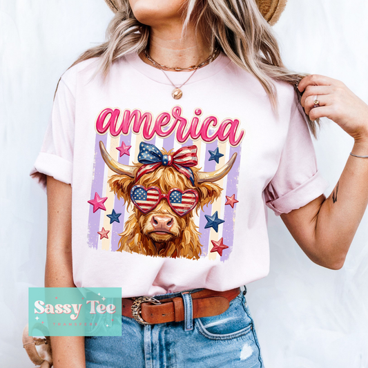 AMERICA HIGHLAND COW PREPPY STRIPES BOW CUTE **Preorder/Restock Ships in 5-10 biz days**
