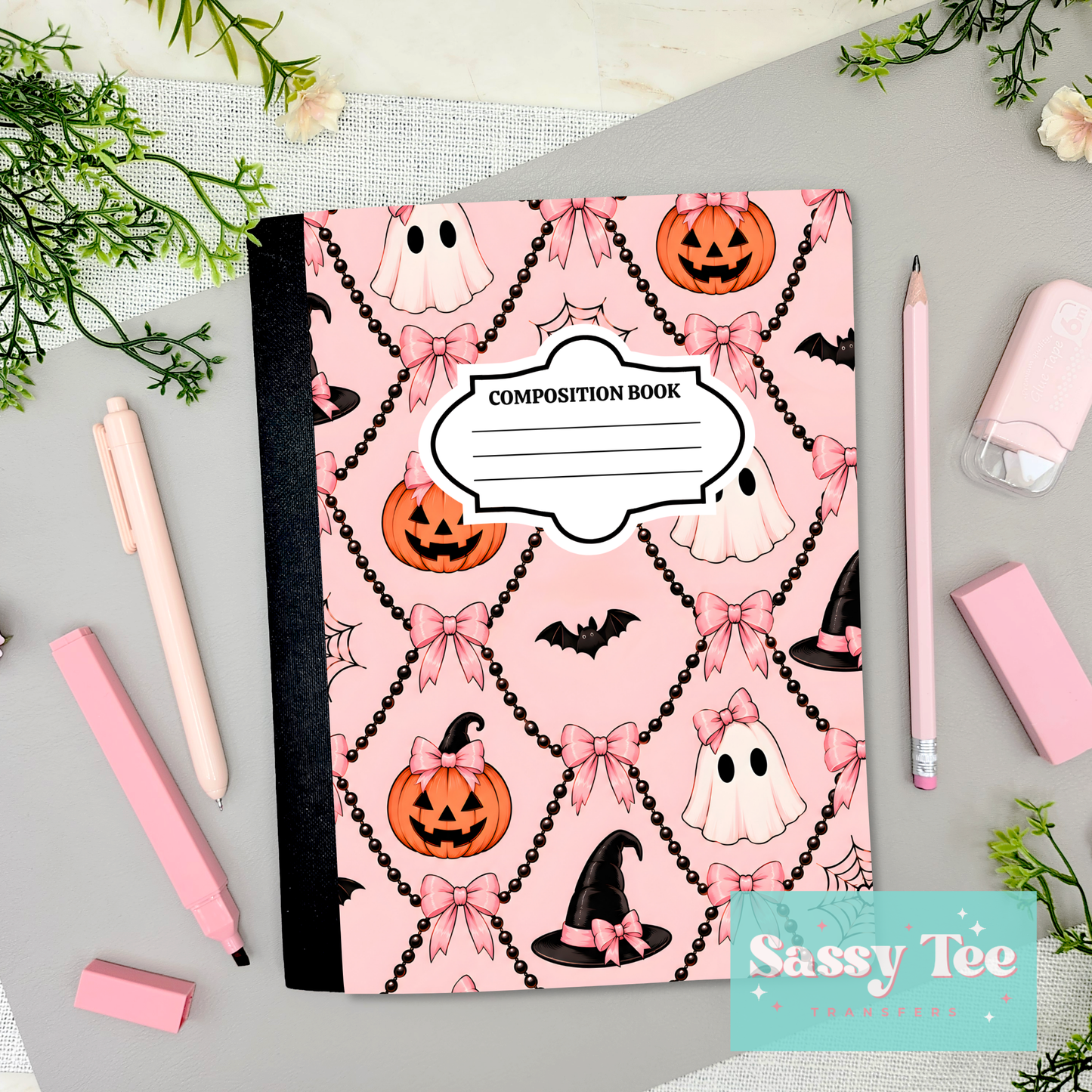 HALLOWEEN PINK BOW GHOST PUMPKIN WEB Peel + Stick Notebook Cover SET