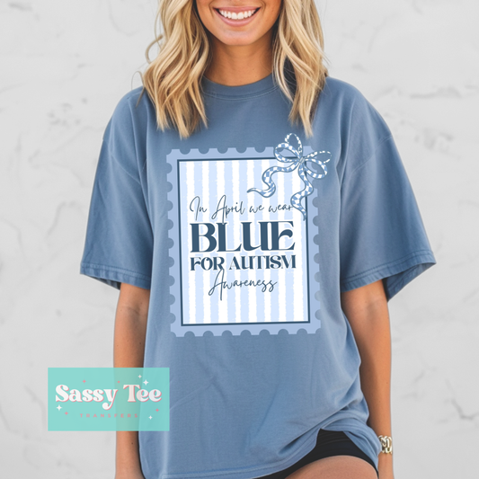 IN APRIL WE WEAR BLUE FOR AUTISM AWARENESS STAMP BOW **Preorder/Restock Ships in 5-10 biz days**