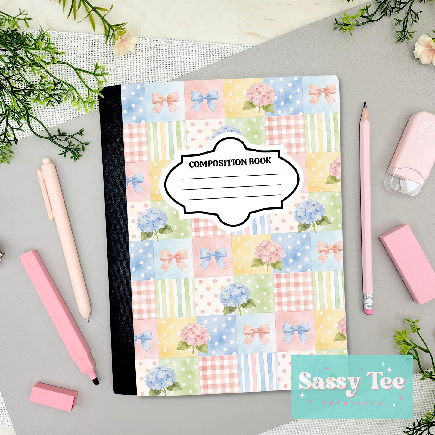 HYDRANGEA FLORAL PLAID BOWS Peel + Stick Notebook Cover SET