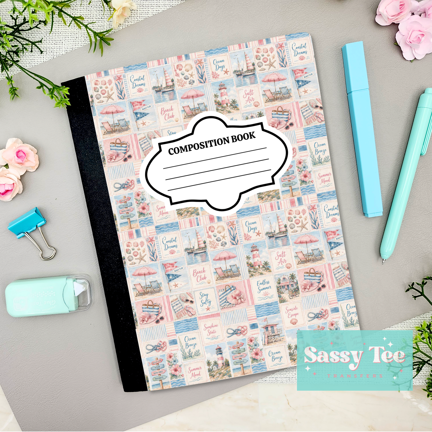 COASTAL DREAMS PINK BLUE SAILBOAT Peel + Stick Notebook Cover SET