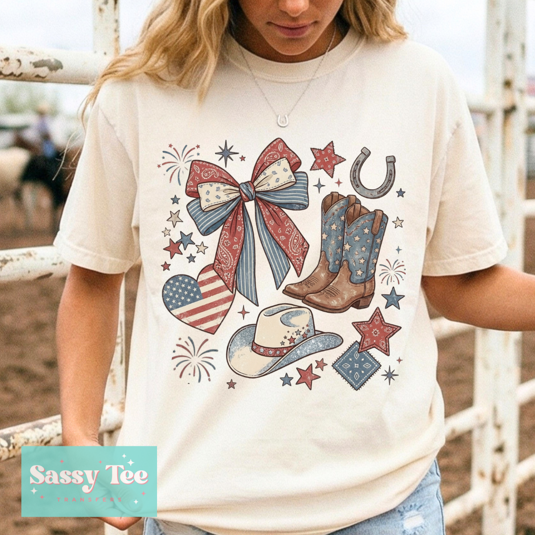 RED WHITE BLUE VINTAGE COUNTRY PAISLEY BOW BOOTS **Preorder/Restock Ships in 5-10 biz days**