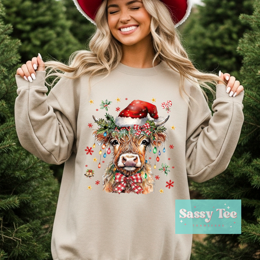 HIGHLAND COW PLAID BOW SANTA HAT **Preorder/Restock Ships in Est. 5-10 biz days**