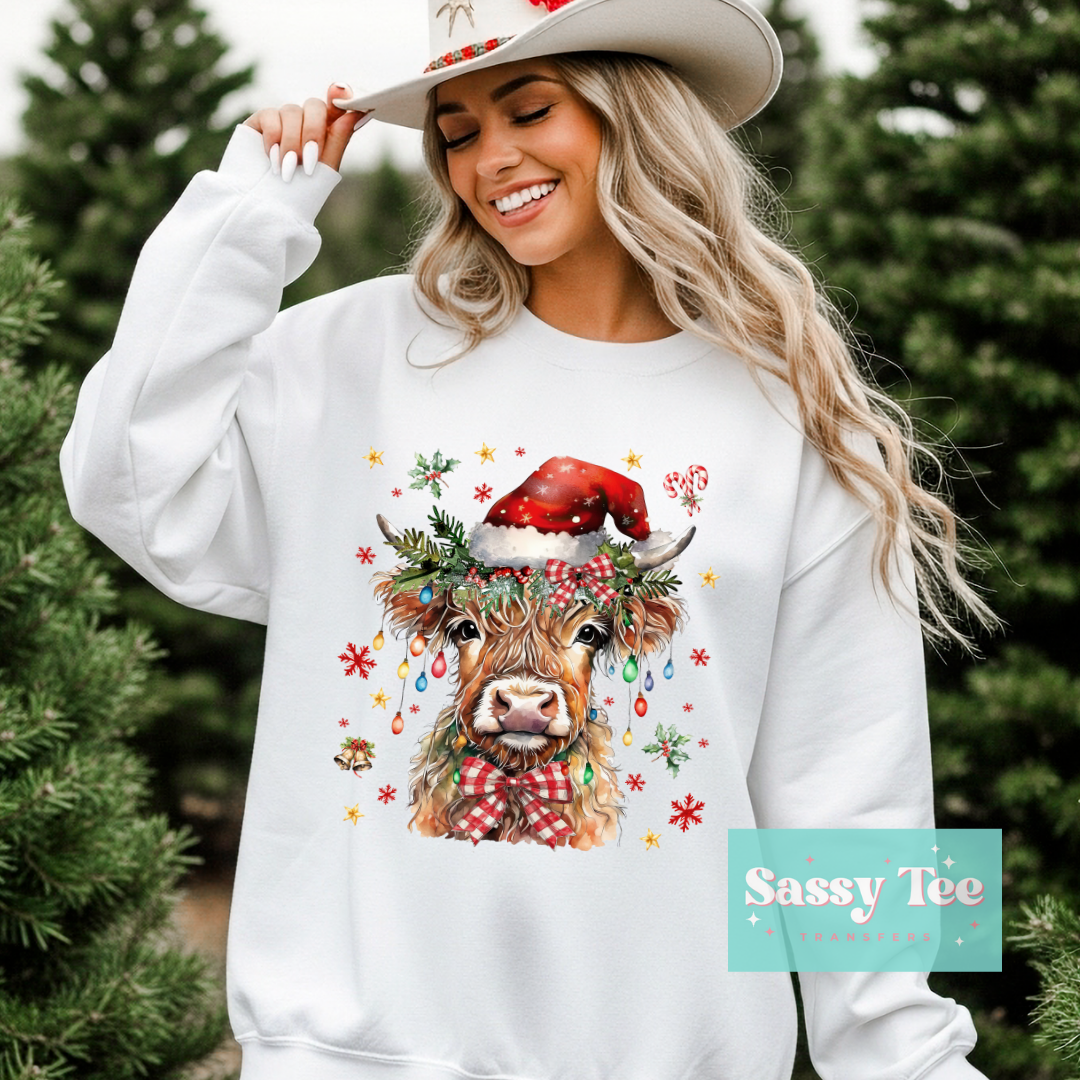 HIGHLAND COW PLAID BOW SANTA HAT **Preorder/Restock Ships in Est. 5-10 biz days**