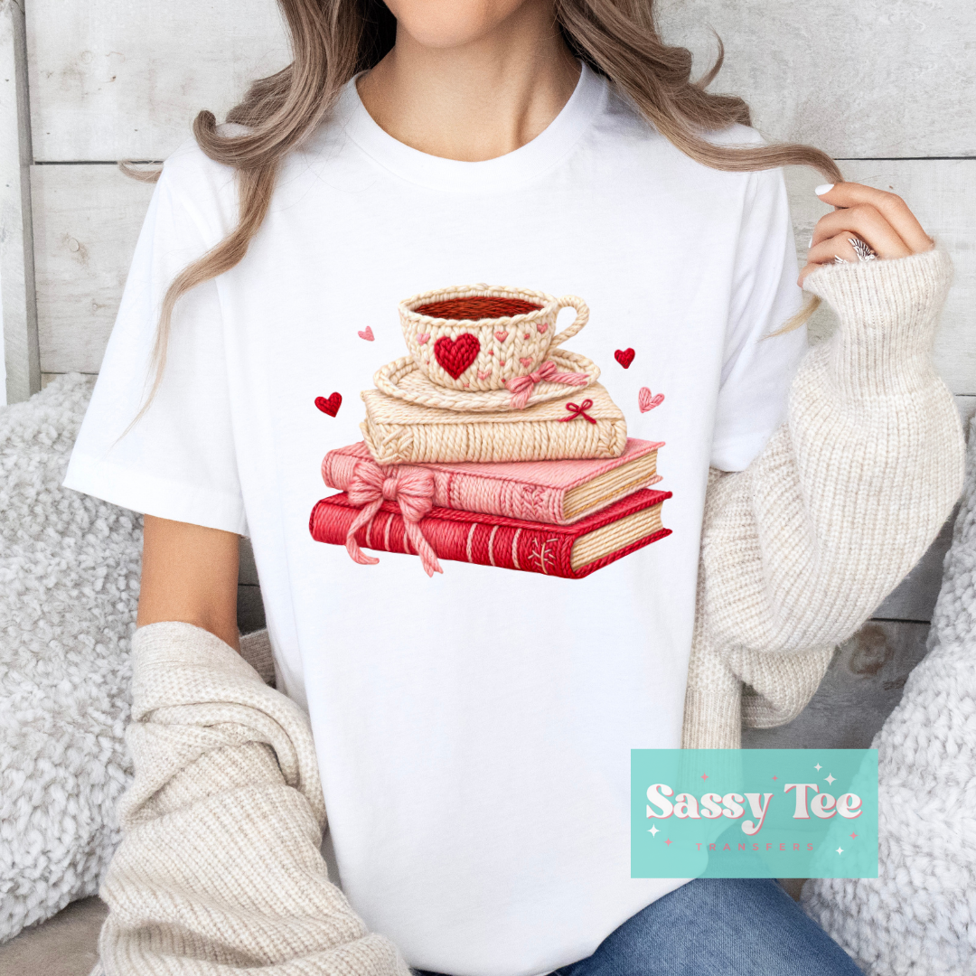 BOOKS COFFEE RED PINK HEARTS VALENTINE FAUX YARN **Preorder/Restock Ships in 5-10 biz days**