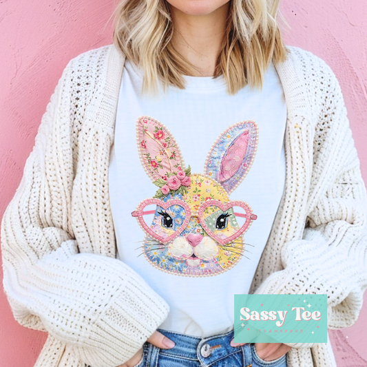 BUNNY PASTEL FLORAL FAUX PATCHWORK PEARL GLASSES **Preorder/Restock Ships in 5-10 biz days**