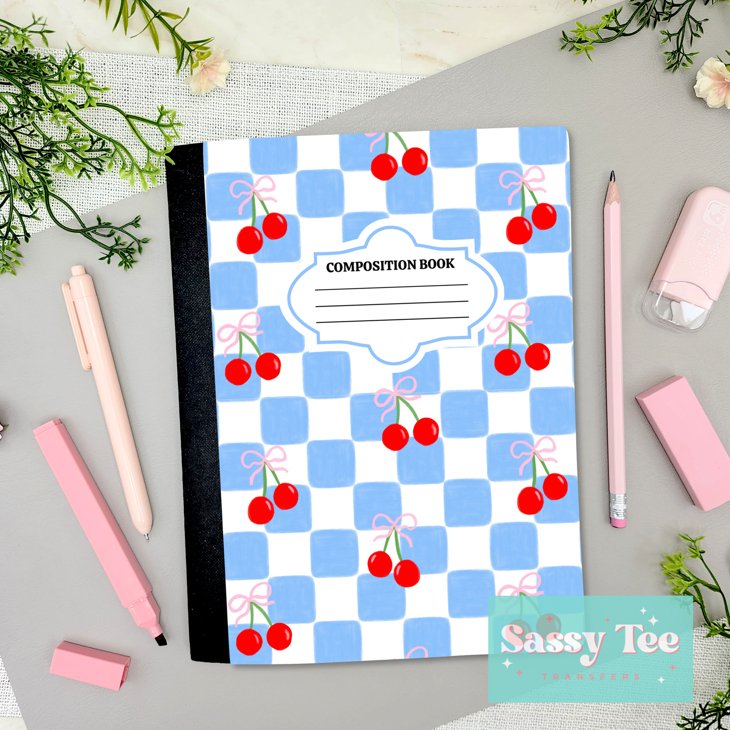 BLUE CHECKER CHERRIES Peel + Stick Notebook Cover SET