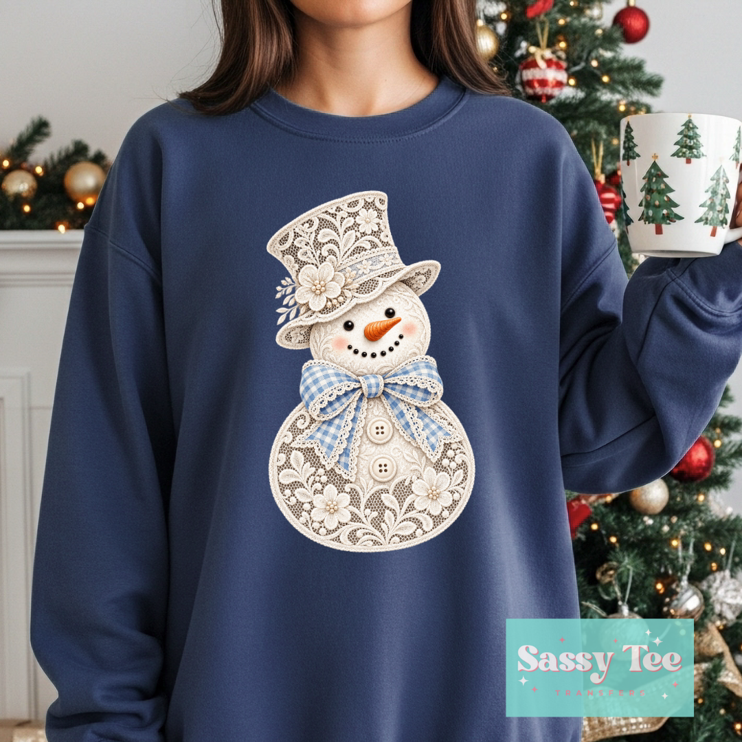SNOWMAN FAUX LACE BLUE BOW **Preorder/Restock Ships in 5-10 biz days**