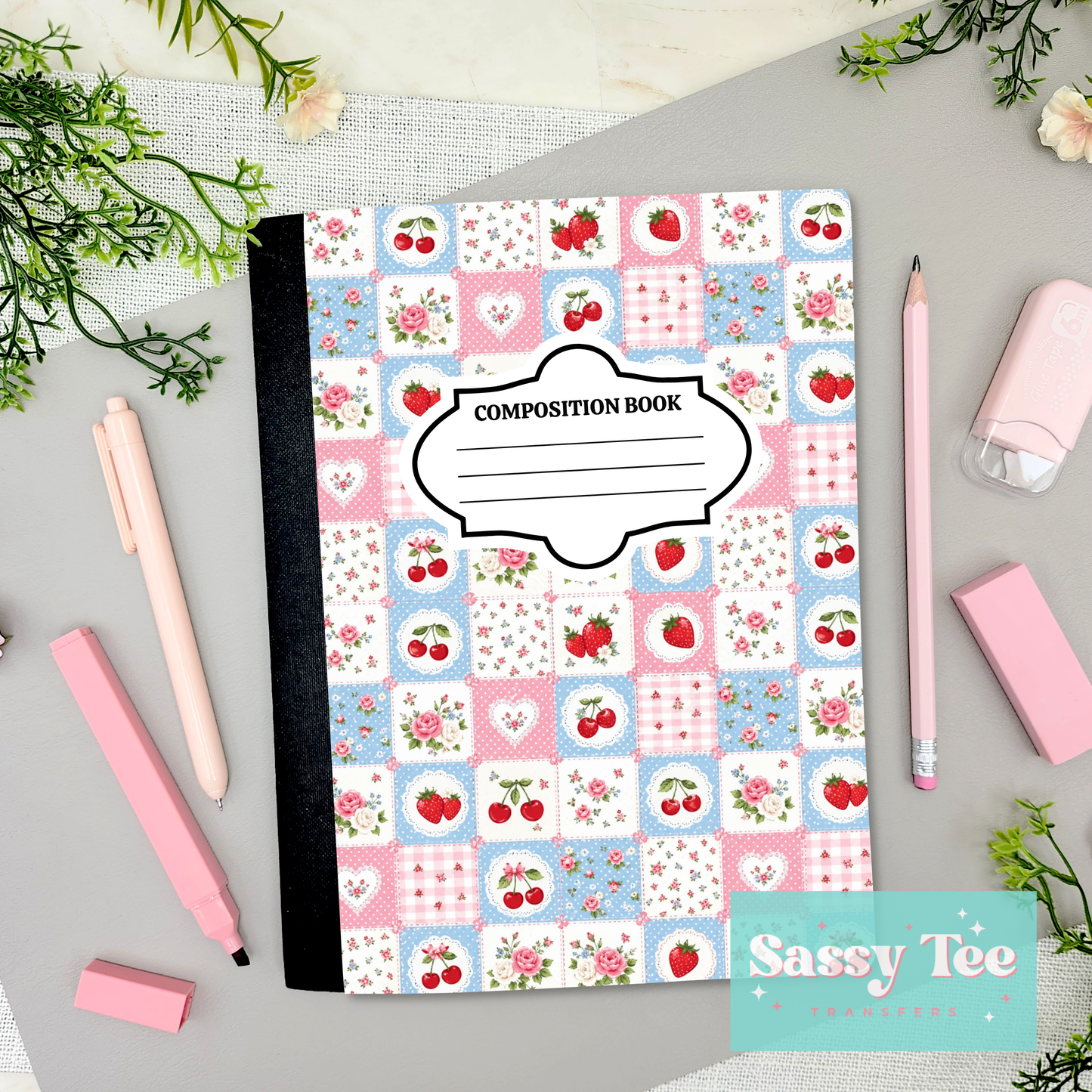 STRAWBERRY CHERRY HEART PATCHWORK PINK BLUE Peel + Stick Notebook Cover SET