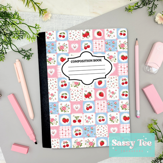 STRAWBERRY CHERRY HEART PATCHWORK PINK BLUE Peel + Stick Notebook Cover SET