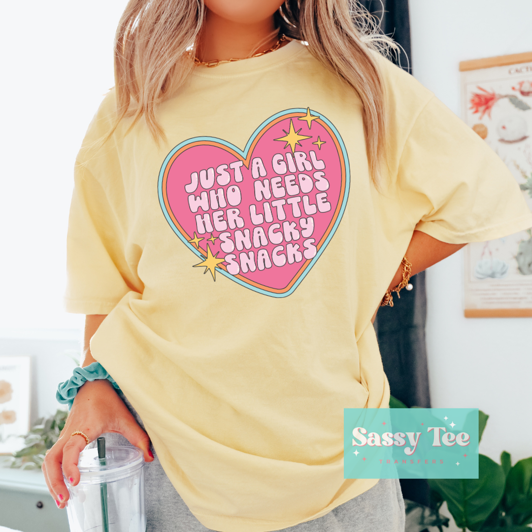 JUST A GIRL WHO NEEDS HER LITTLE SNACKY SNACKS RETRO **Preorder/Restock Ships in 5-10 biz days**