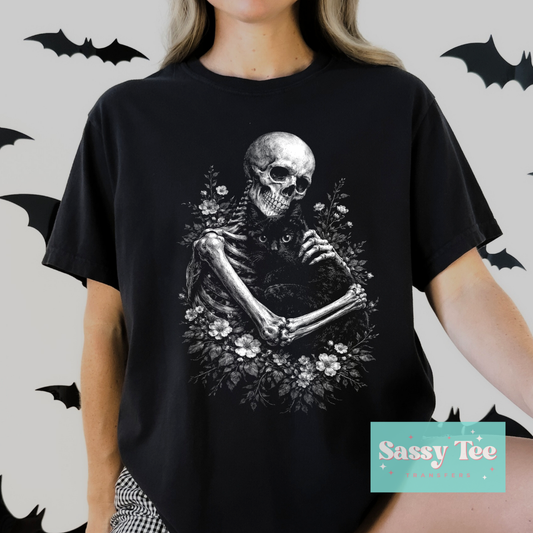 SKELETON BLACK CAT FLORAL WHITE CHALK For Darker Colors **Preorder/Restock Ships in 5-10 biz days**