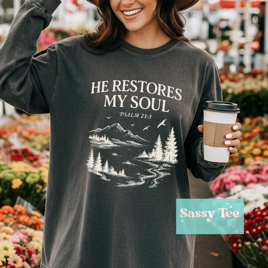 HE RESTORES MY SOUL FAITH DISTRESSED **Preorder/Restock Ships in 5-10 biz days**