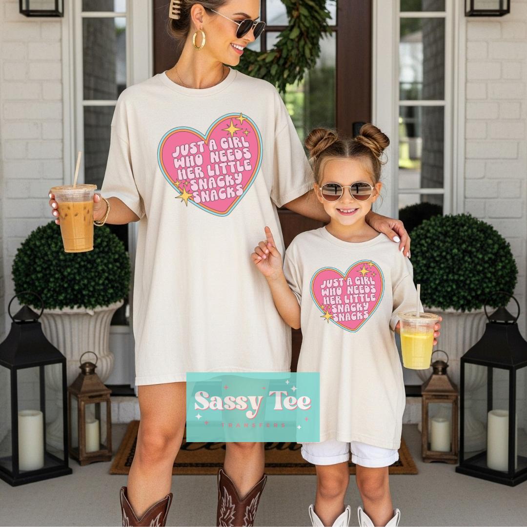 JUST A GIRL WHO NEEDS HER LITTLE SNACKY SNACKS RETRO **Preorder/Restock Ships in 5-10 biz days**