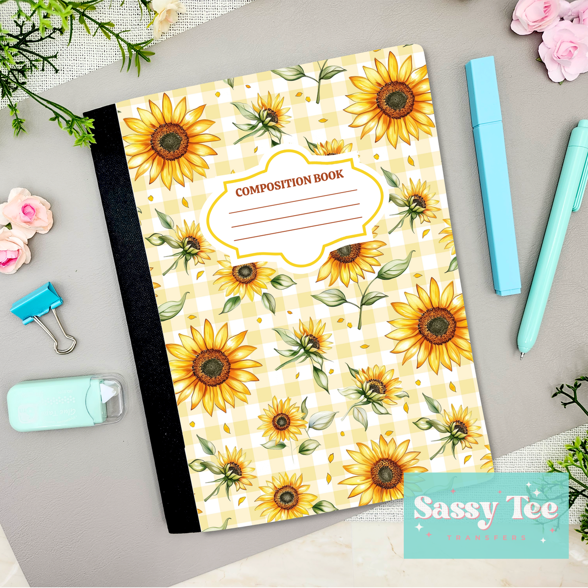 SUNFLOWERS YELLOW PLAID Peel + Stick Notebook Cover SET