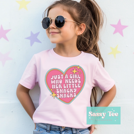 JUST A GIRL WHO NEEDS HER LITTLE SNACKY SNACKS RETRO Kids **Preorder/Restock Ships in Est. 5-10 biz days**