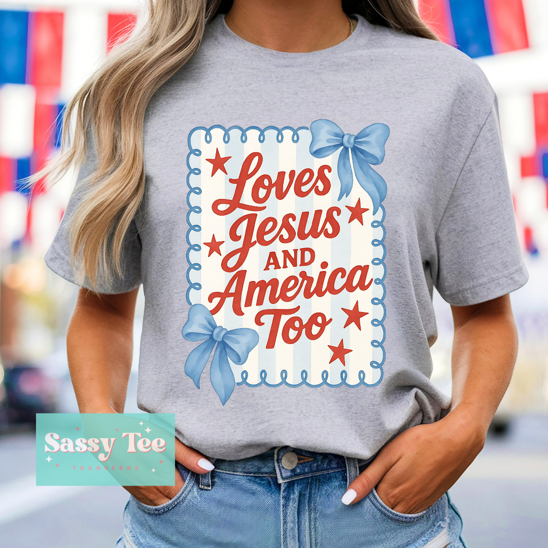 LOVES JESUS AND AMERICA TOO PREPPY BOW **Preorder/Restock Ships in 5-10 biz days**