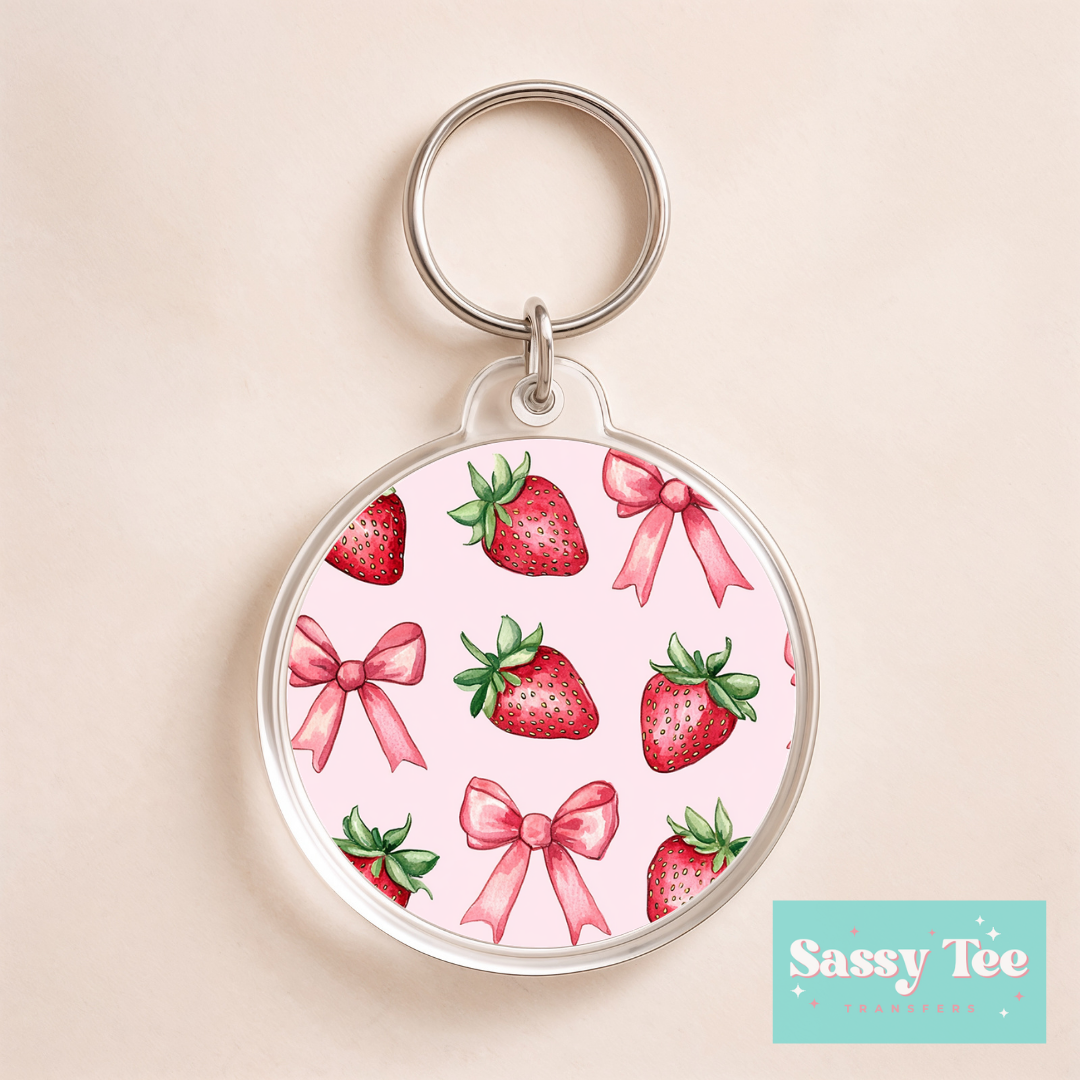 STRAWBERRY COQUETTE *DOUBLE SIDED* ROUND UV DTF KEYCHAIN DECAL **Preorder/Restock Ships in 5-10 biz days**