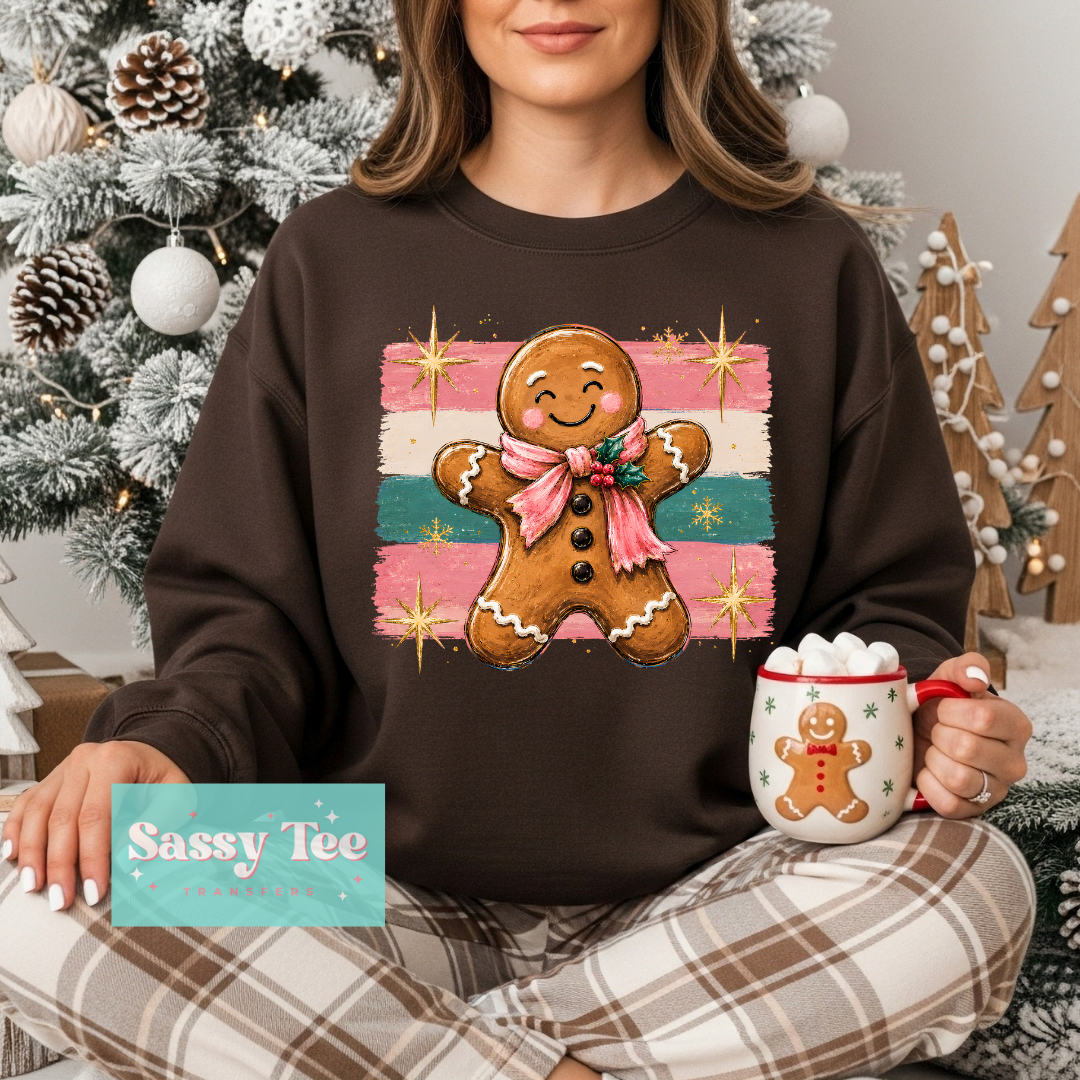 GINGERBREAD MAN PINK GREEN PREPPY STRIPE ART **Preorder/Restock Ships in 5-10 biz days**