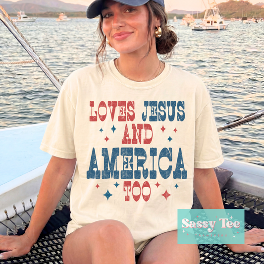 LOVES JESUS AND AMERICA TOO RED BLUE **Preorder/Restock Ships in 5-10 biz days**