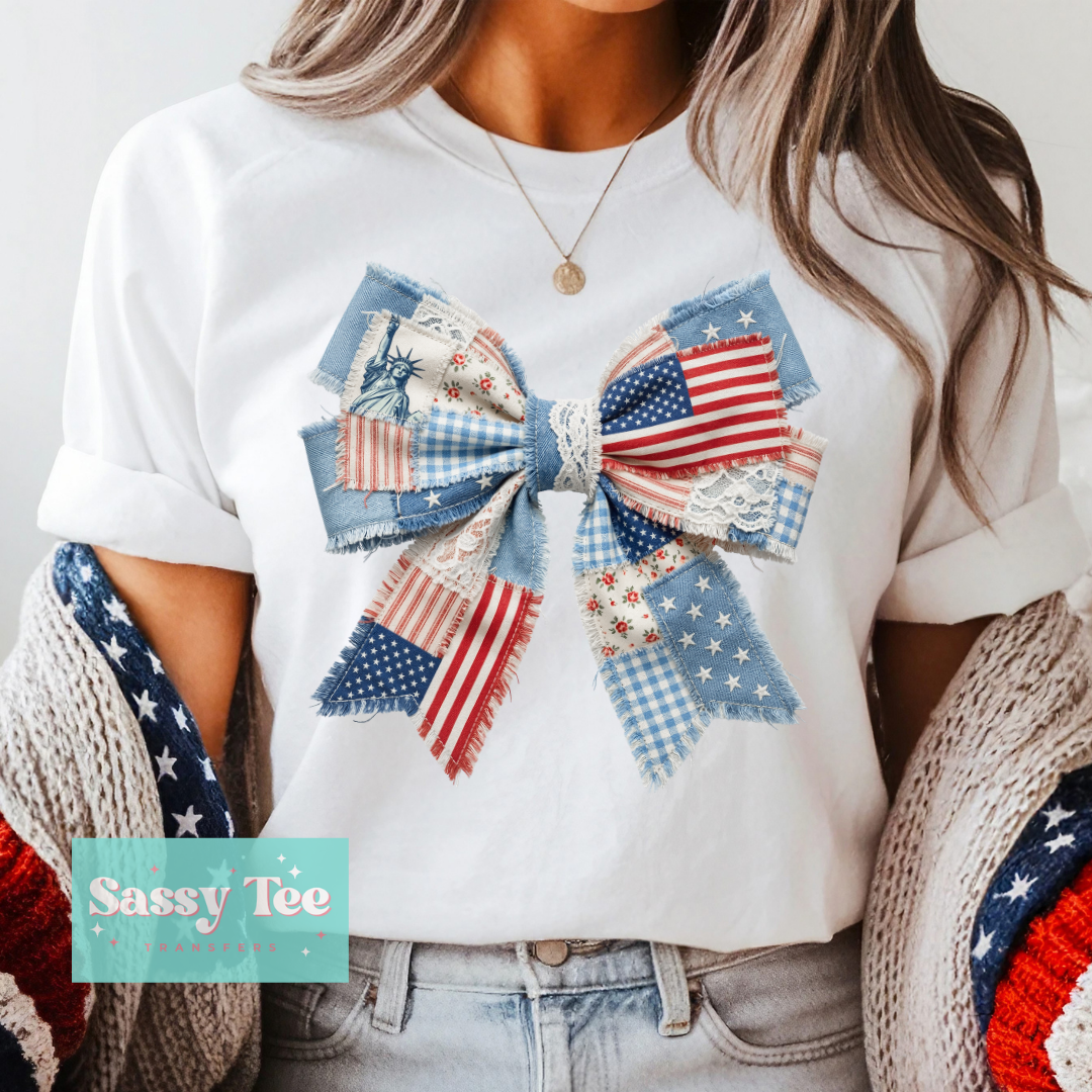 USA VINTAGE JEAN FAUX PATCHWORK BOW **Preorder/Restock Ships in 5-10 biz days**