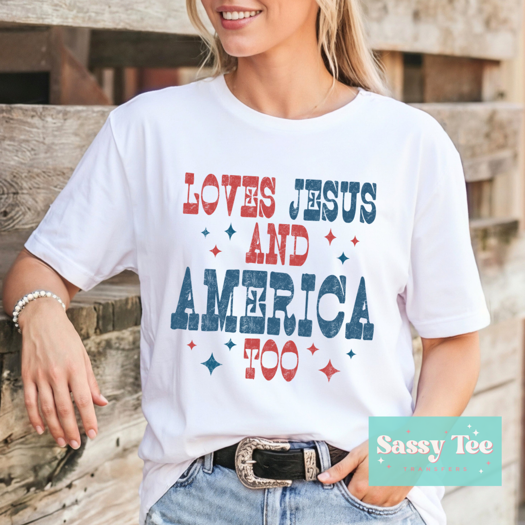LOVES JESUS AND AMERICA TOO RED BLUE **Preorder/Restock Ships in 5-10 biz days**