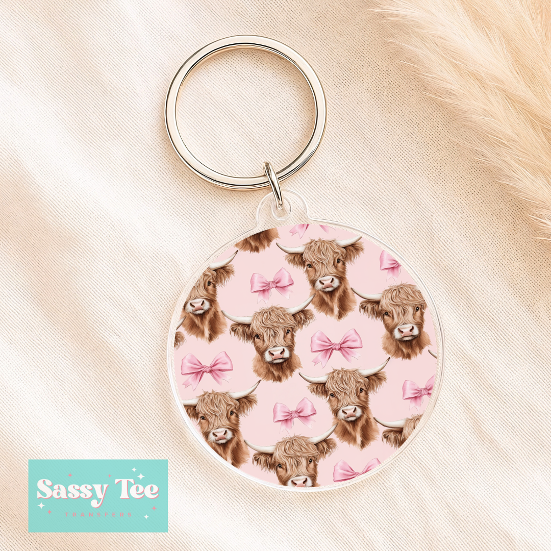 HIGHLAND COW COQUETTE BOW *DOUBLE SIDED* ROUND UV DTF KEYCHAIN DECAL **Preorder/Restock Ships in 5-10 biz days**