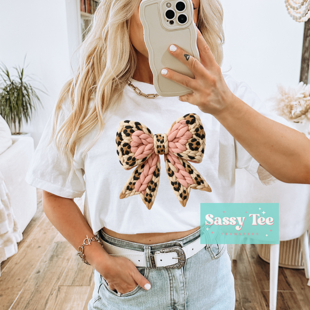 LEOPARD PINK FAUX YARN BOW COQUETTE **Preorder/Restock Ships in 5-10 biz days**