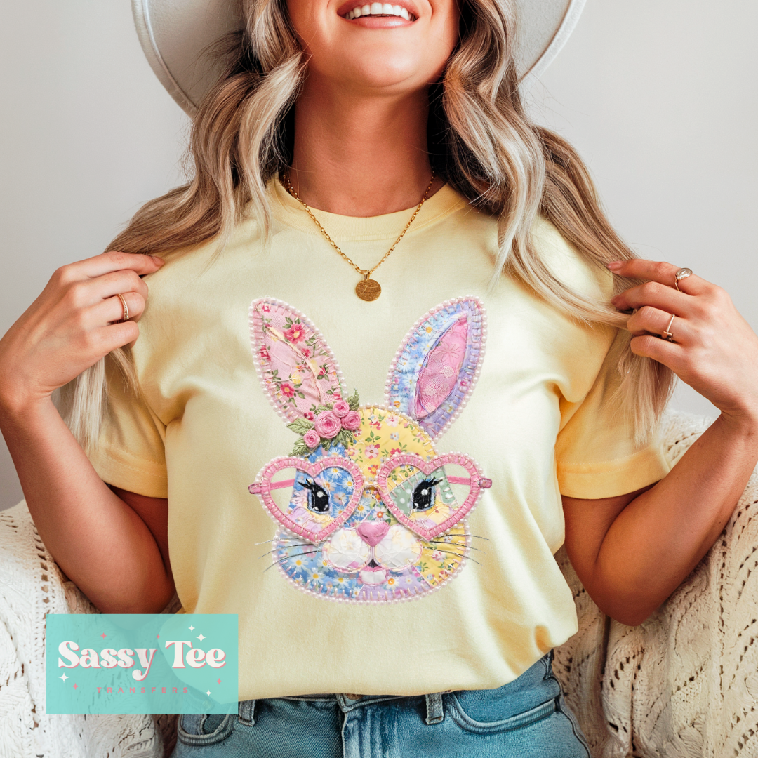 BUNNY PASTEL FLORAL FAUX PATCHWORK PEARL GLASSES **Preorder/Restock Ships in 5-10 biz days**