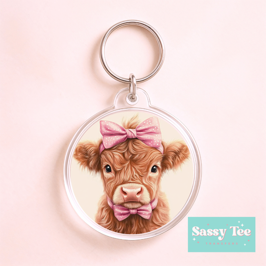 HIGHLAND COW PINK BOW *DOUBLE SIDED* ROUND UV DTF KEYCHAIN DECAL **Preorder/Restock Ships in 5-10 biz days**