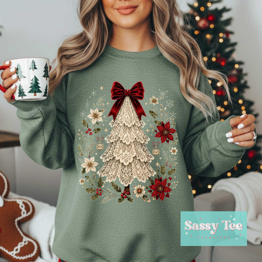 CHRISTMAS TREE LACE FAUX RED BOW **Preorder/Restock Ships in 5-10 biz days**