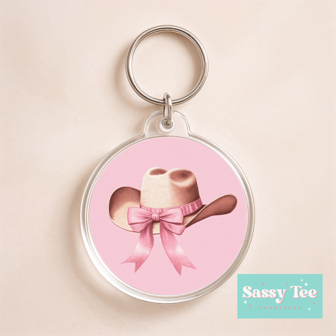 COWGIRL HAT PINK BOW *DOUBLE SIDED* ROUND UV DTF KEYCHAIN DECAL **Preorder/Restock Ships in 5-10 biz days**