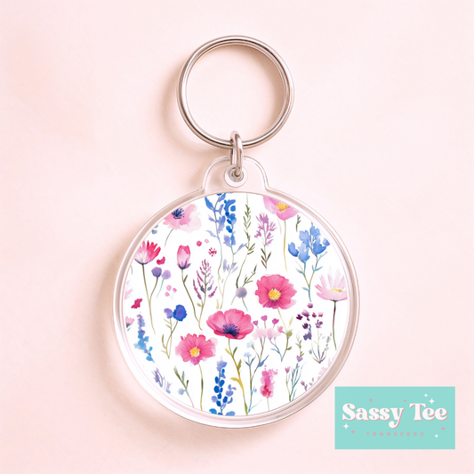 PINK BLUE FLORAL *DOUBLE SIDED* ROUND UV DTF KEYCHAIN DECAL **Preorder/Restock Ships in 5-10 biz days**