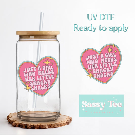 JUST A GIRL WHO NEEDS HER LITTLE SNACKY SNACKS RETRO UV DTF CUP WRAP **Preorder/Restock Ships in 5-10 biz days**