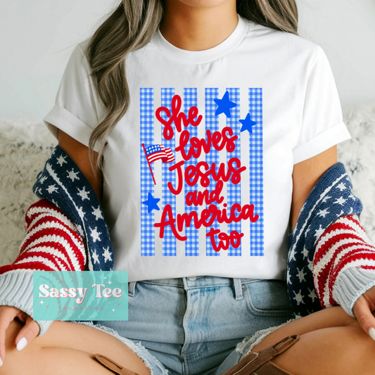 SHE LOVES JESUS AND AMERICA TOO PREPPY PLAID STRIPES