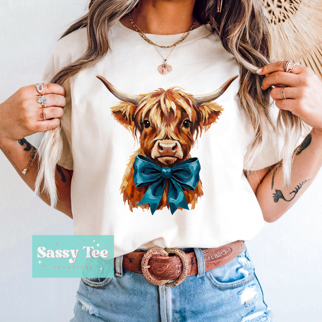 HIGHLAND COW BLUE BOW