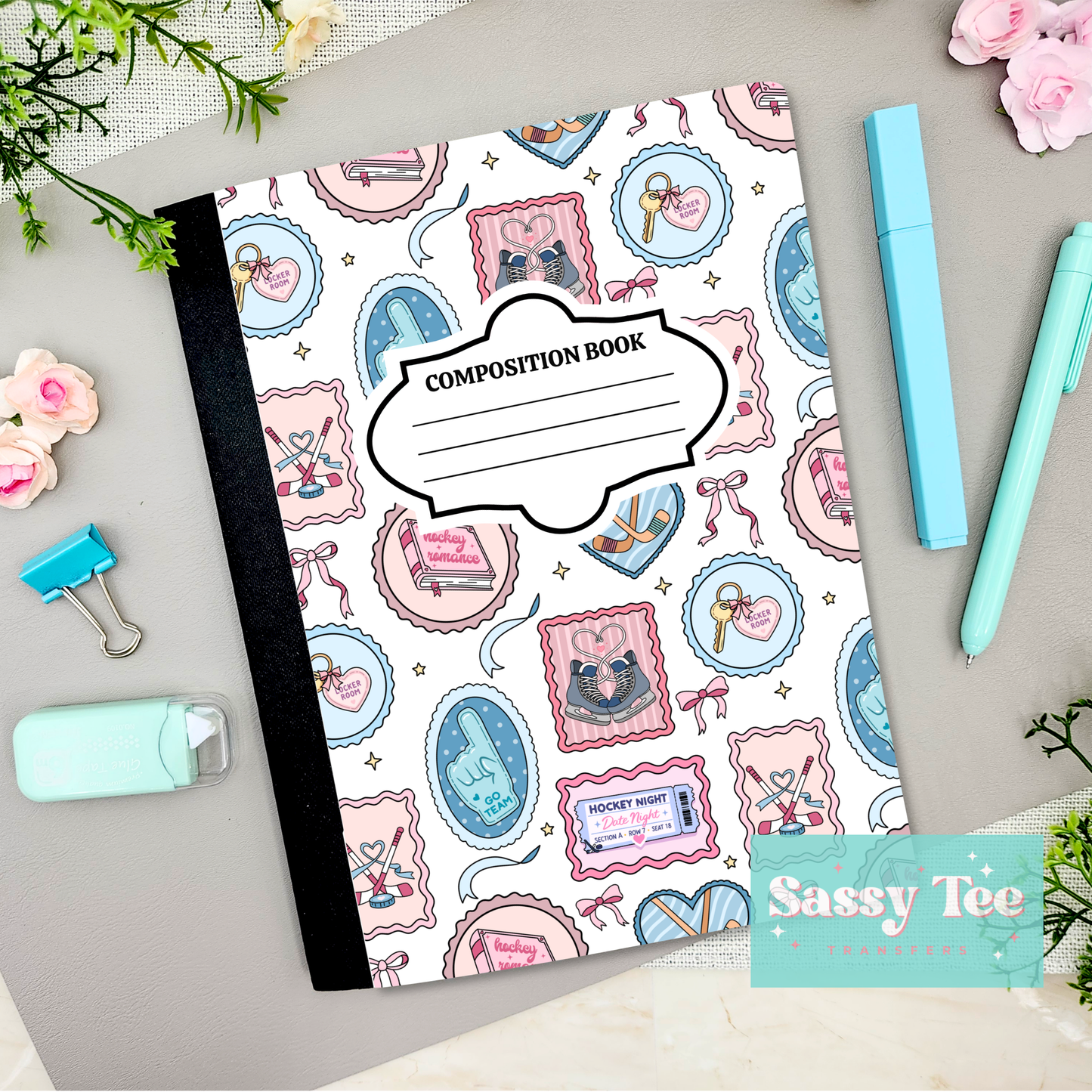 HOCKEY ROMANCE BLUE PINK BOOK Peel + Stick Notebook Cover SET