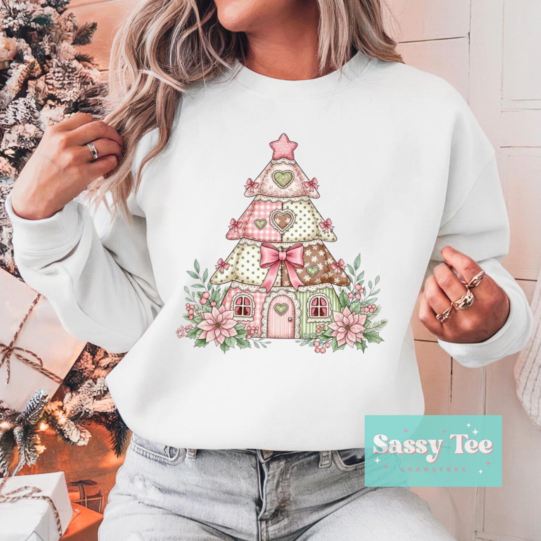 CHRISTMAS TREE HOUSE PINK PATCHWORK **Preorder/Restock Ships in Est. 5-10 biz days**