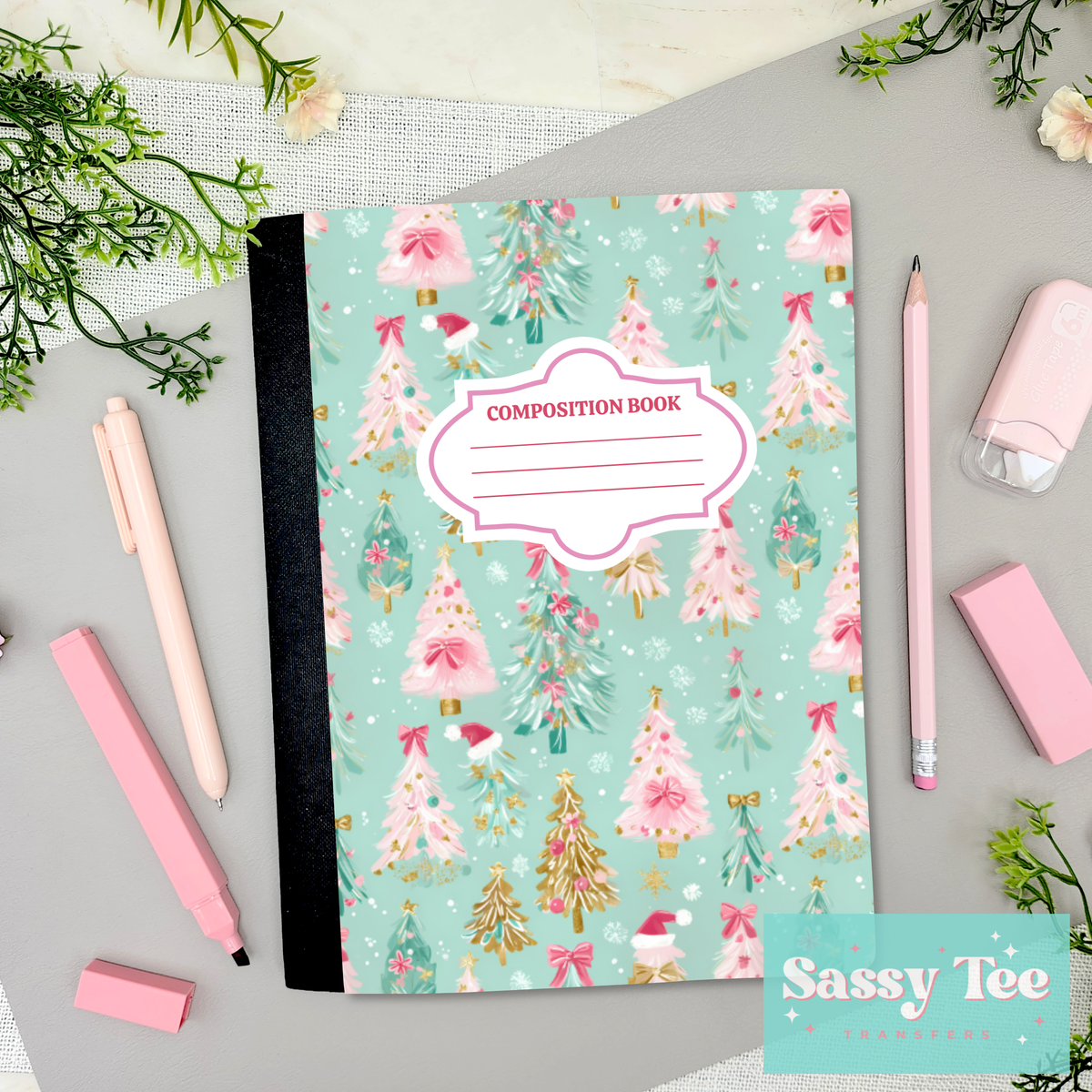 MINT PINK CHRISTMAS TREES Peel + Stick Notebook Cover SET